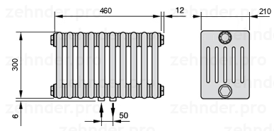 Схема (чертеж) Радиатор Zehnder Charleston 6030/10 №3470 Белый глянцевый RAL 9016